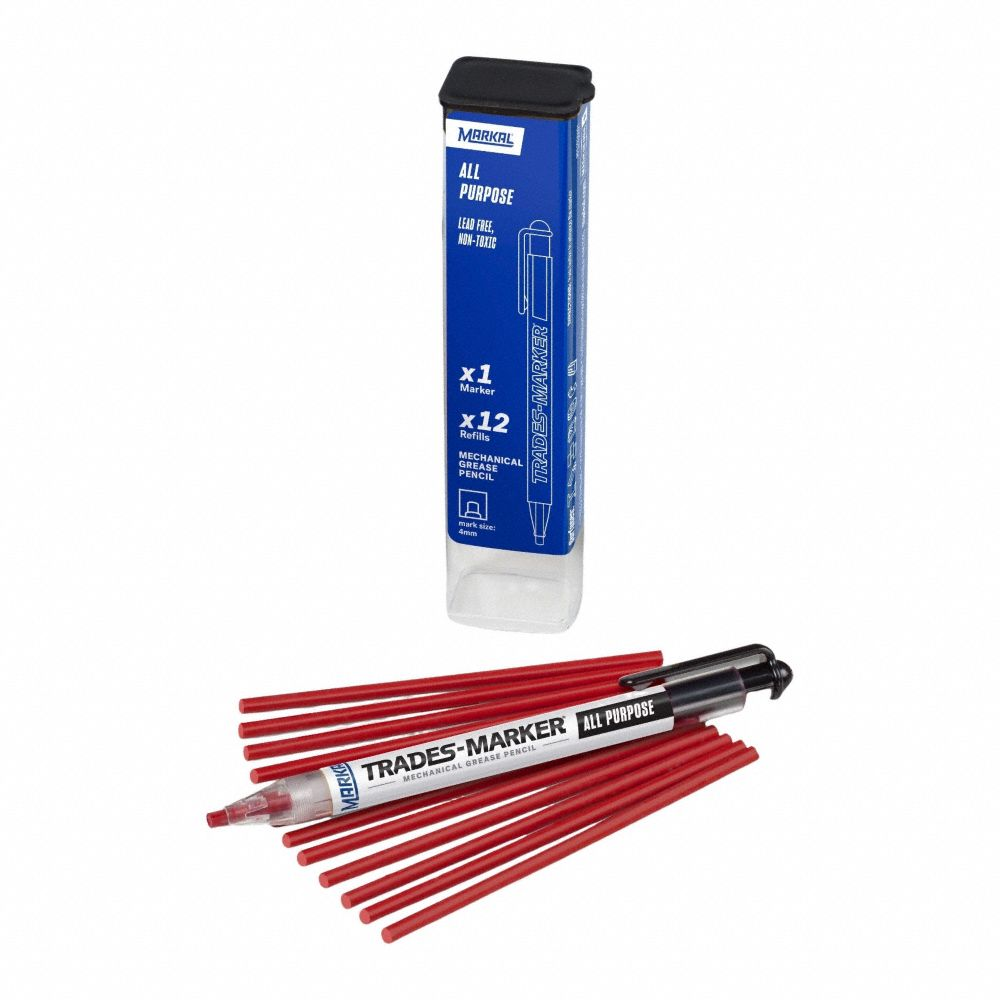 Paint Marker, Mechanical Grease Pencil Kit, 3 mm Tip Wd, Flat, Red, Wax, Red