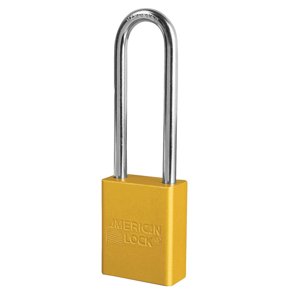 MASTER LOCK A1107YLW Anodized Aluminium Safety Padlock, 1 1/2 Inch Wide, 3 Inch Tall Shackle, Keyed Different, 5 Pin Locking, Yellow | CM7TJN