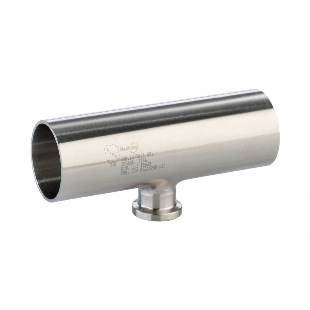 Sanitary Tee Fitting, Short Outlet Tee, 2 x 2 x 1 1/2 Inch OD Size, Clamp/Weld