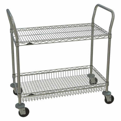 Utility Cart With Deep & Shallow Lipped Wire Shelves, 375 lb Load Capacity, Silver
