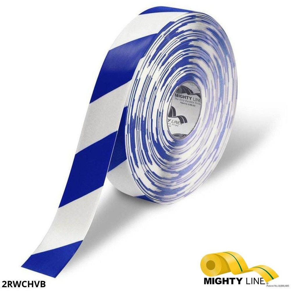 MIGHTY LINE 2RWCHVB Industrial Floor Tape, 2 Width, White with Blue Chevrons, 100 ft Long | AX3KJA