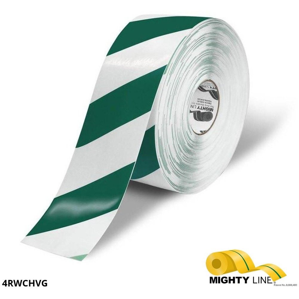 MIGHTY LINE 4RWCHVG Industrial Floor Tape, 4 Width, White with Green Chevrons, 100 ft Long | AX3KJH