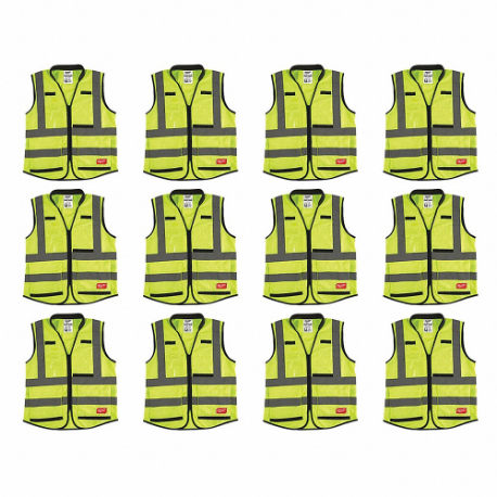 MILWAUKEE 48-73-5043X12 High Visibility Vest, ANSI Class 2, U, 2XL/3XL, Lime, Solid Polyester, Zipper, Men