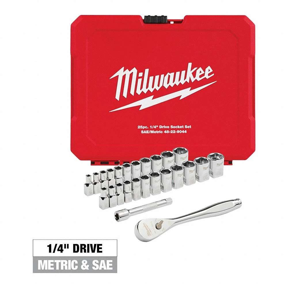 Socket Set, 1/4 Inch Drive Size, 25 Piece, Chrome