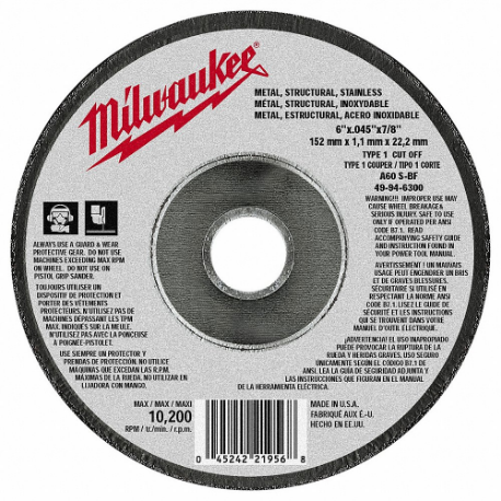 MILWAUKEE 49-94-6300 Abrasive Cut-Off Wheel | CT3GPV 163G51