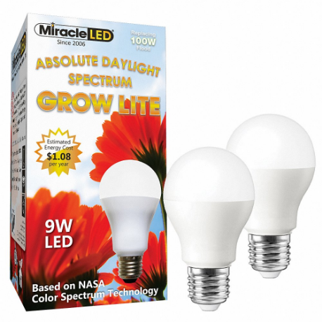 MIRACLE LED 602768 Hydroponics Grow LED Light, A19, 100W INC Watt Eq, 120 V, 9 W Watts, LED | CT3QFJ 61KV62