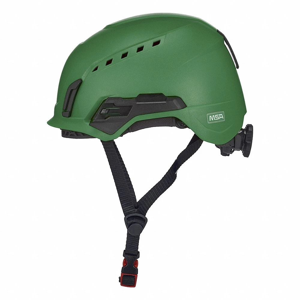 Safety Helmet, Green, No Graphics, Ratchet 4-Point, ABS, Headlamp Mount/Side-Slots