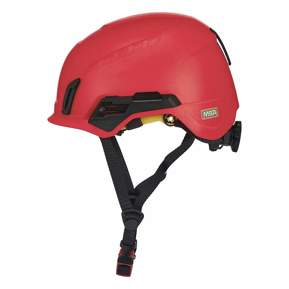 Safety Helmet, Red, No Graphics, Ratchet 4-Point, ABS, Headlamp Mount/Side-Slots