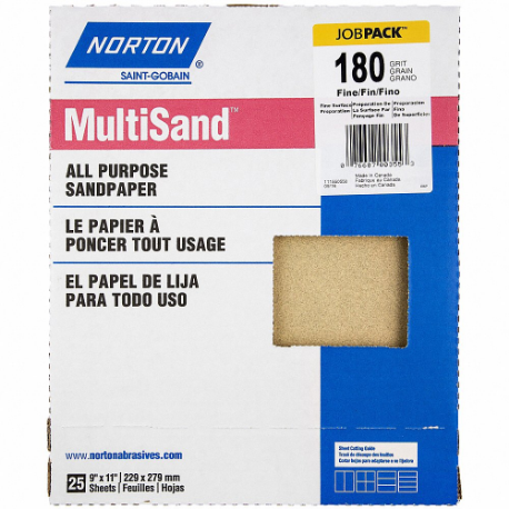 NORTON ABRASIVES 07660700355 Sandpaper Sheet, 9 Inch Width X 11 Inch Length, Aluminum Oxide, 180 Grit | CT4EZG 804JM4