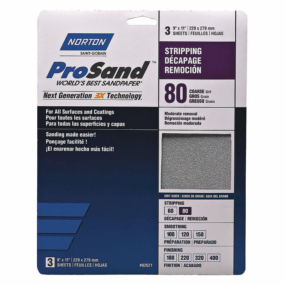 NORTON ABRASIVES 07660768163 Sandpaper Sheet, 80 Grit, 11 Inch Length, 9 Inch Width, Aluminum Oxide, 3Pk | CJ3GPN 45MY78