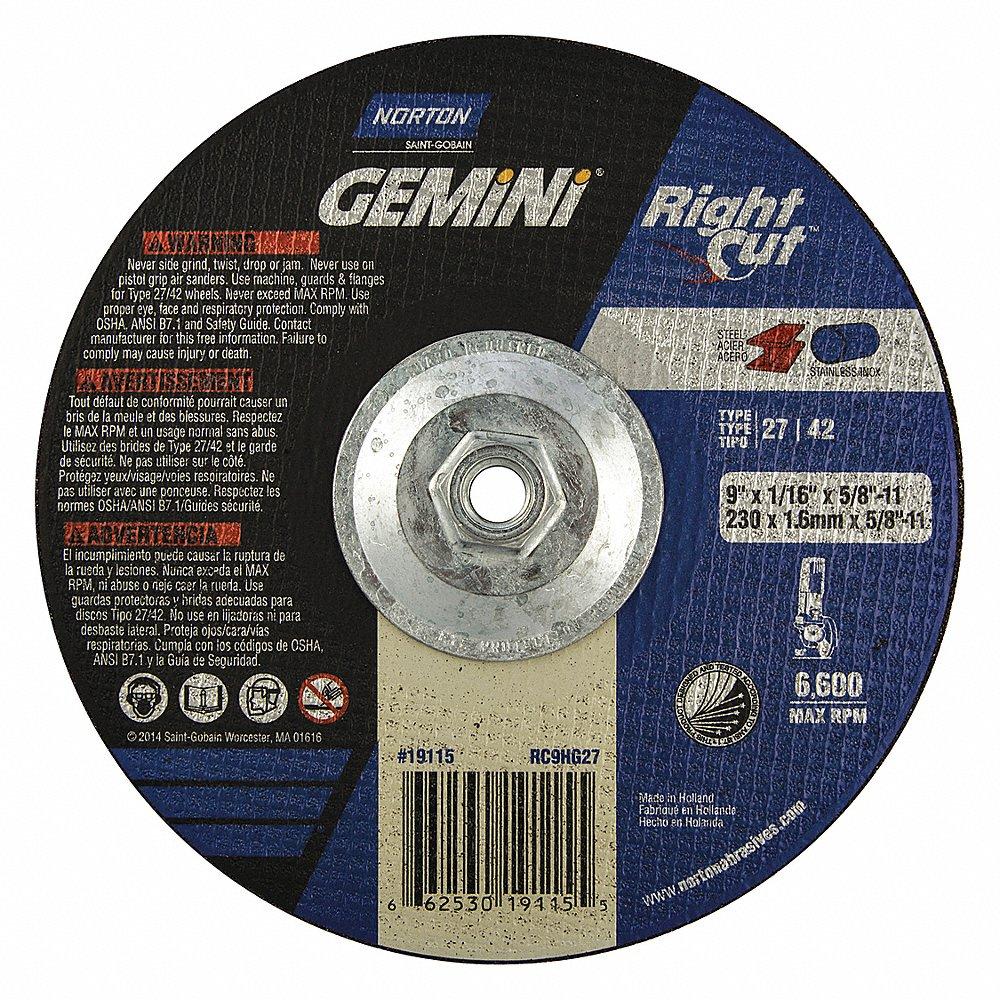 NORTON ABRASIVES 66253019115 Depressed Center Wheel, Aluminum Oxide, 9 Inch Wheel Dia, 5/8-11 Inch Hole Size | CH9ZGK 4RA81