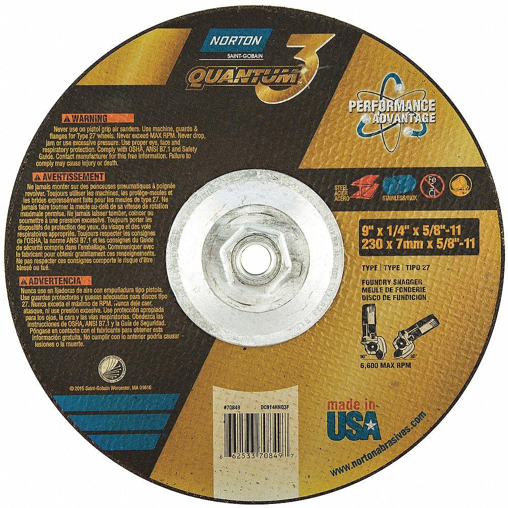 NORTON ABRASIVES 66253370849 Depressed Center Wheel, Ceramic, 9 Inch Wheel Dia, 5/8-11 Inch Hole Size, Type 27 | CH9ZGY 45VH34