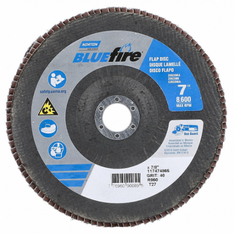 NORTON ABRASIVES 77696090089 Flap Disc, Type 27, 7 Inch x 7/8 Inch, Zirconia Alumina, P40 Grit, Fiberglass Bk | CT4EJC 804HW9