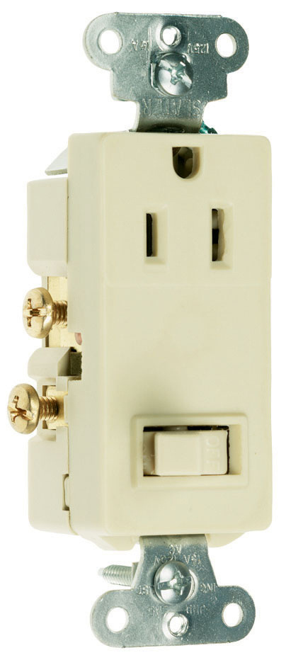 PASS AND SEYMOUR 681-I Combination Switch, Receptacle, Single Pole Switch, 15A, 120/125V, Ivory | CH3YWF