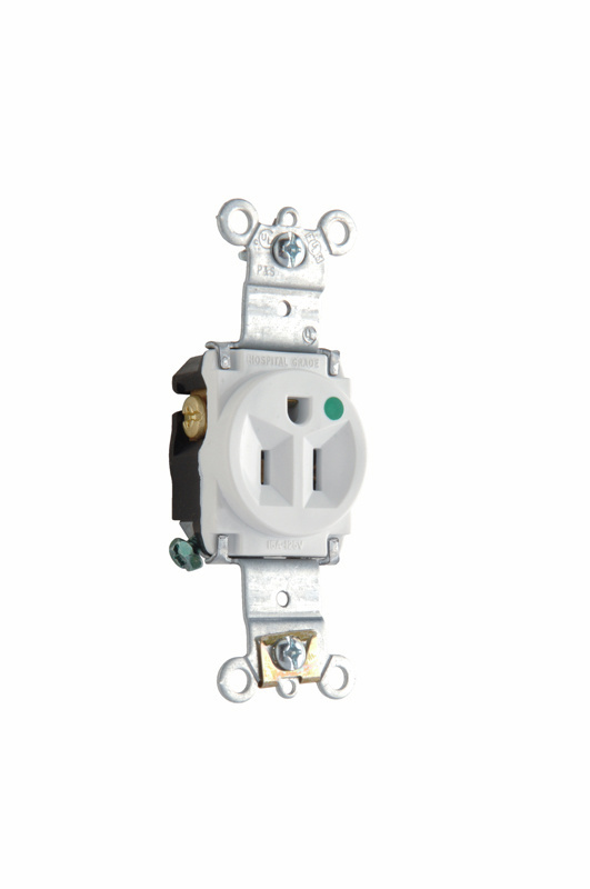 PASS AND SEYMOUR 8201-W Single Receptacle Hospital Grade, Heavy Duty, 15A, 125V, White | CH4DRK