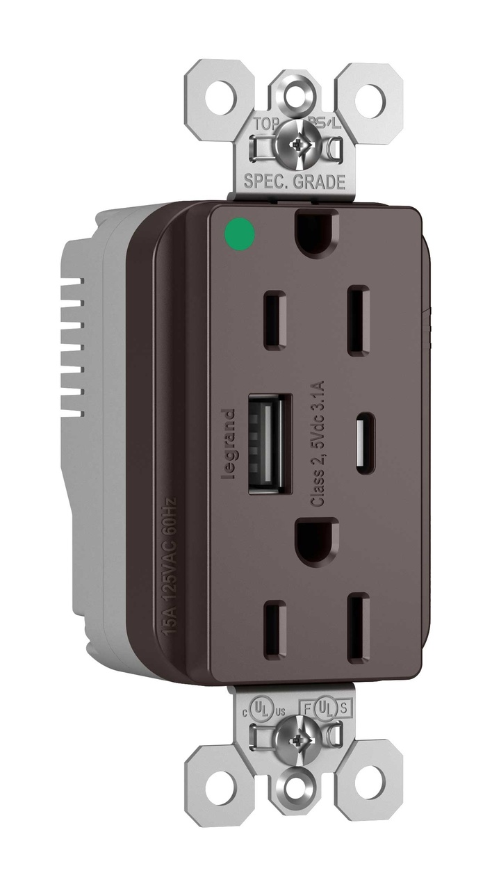 PASS AND SEYMOUR PTTR15HACUSB USB Charger Receptacle, Hospital Grade, 15A, Brown | CH4GZX