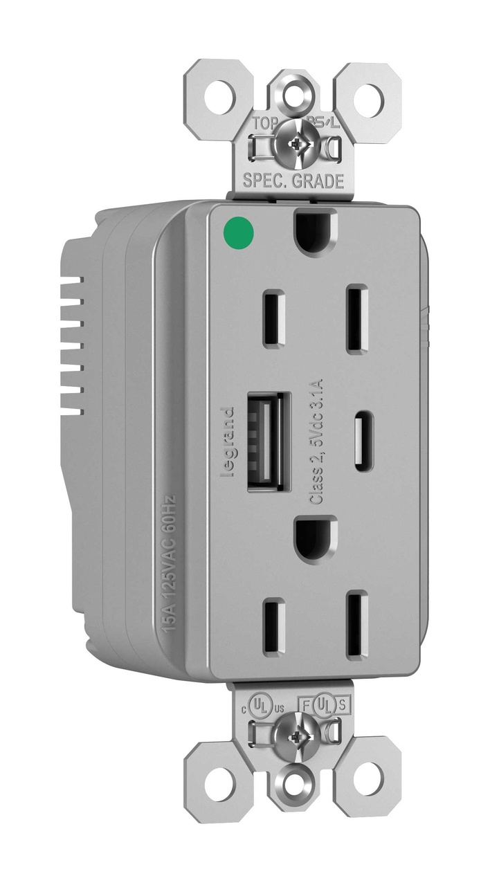 PASS AND SEYMOUR PTTR15HACUSBGRY USB Charger Receptacle, Hospital Grade, 15A, Gray | CH4GZY