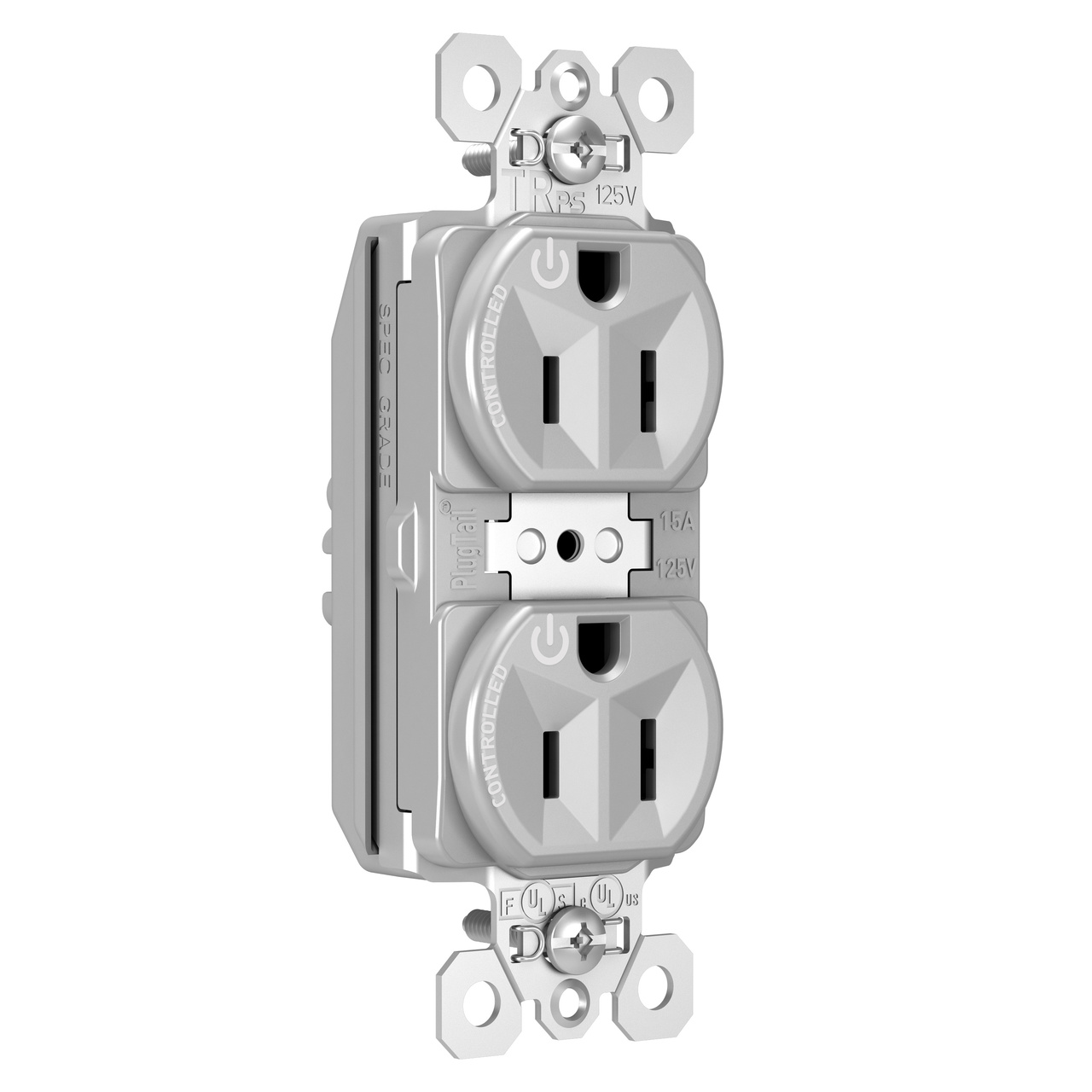 PASS AND SEYMOUR PTTR5262CDGRY Duplex Receptacle, Spec Grade, Plug Load Controllable, 15A, 125V, Gray | CH4HKJ