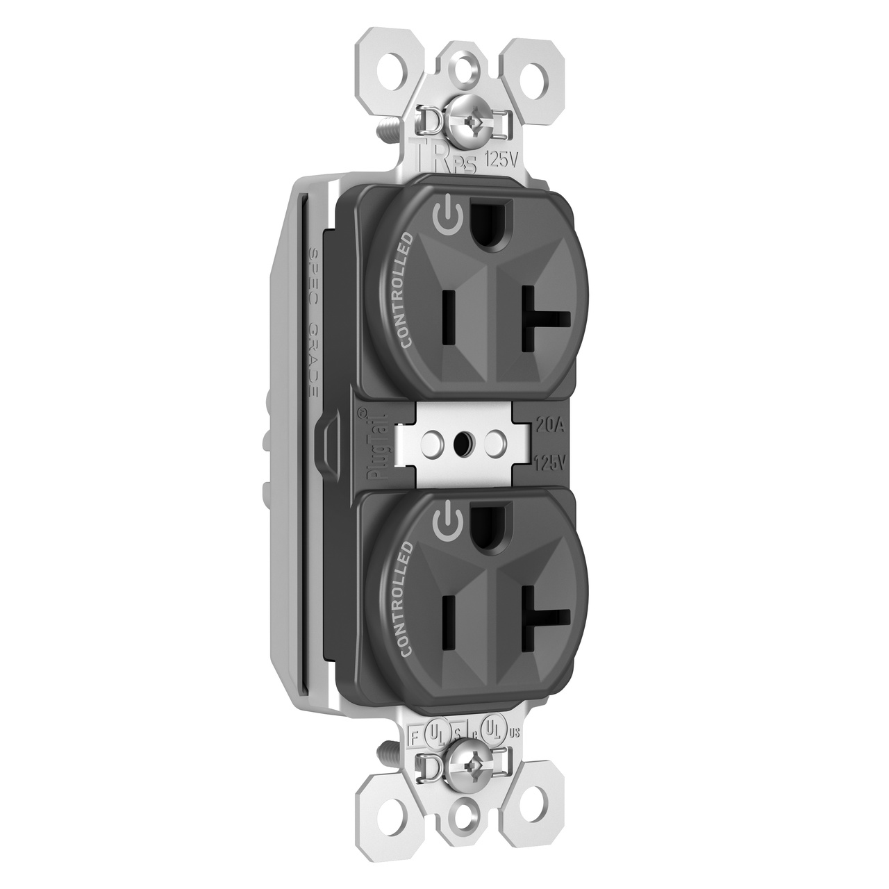 PASS AND SEYMOUR PTTR5362CDBK Duplex Receptacle, Spec Grade, Plug Load Controllable, 20A, 125V, Black | CH4HKX