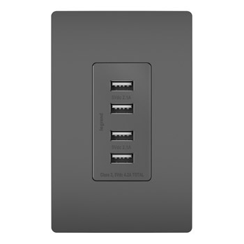 PASS AND SEYMOUR TM8USB4-BKCC6 Quad USB Charger, 1.69 Inch Width, Black | CH4JCM
