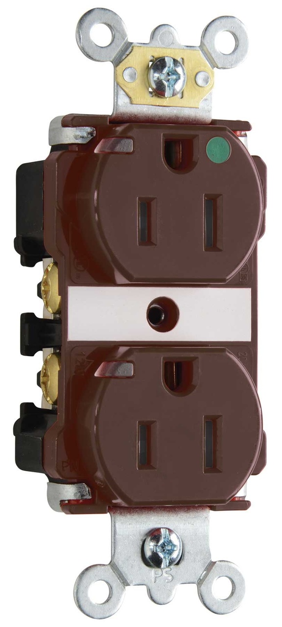 PASS AND SEYMOUR TR8200-HPI Heavy Duty Duplex Receptacle, Hospital Grade, Power Indicating, 15A, Brown | CH3YVQ