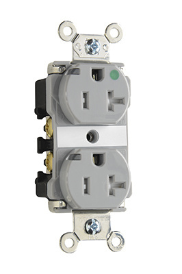 PASS AND SEYMOUR TR8200-PIGRY Extra Heavy Duty Duplex Receptacle, Hospital Grade, Power Indicating, 15A, Gray | CH3YVK