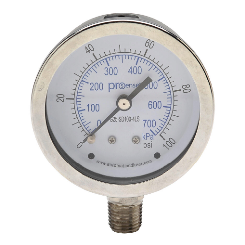 PROSENSE G25-SD100-4LS Mechanical Pressure Gauge, 2.5 Inch Dia., 0 To 100 Psig/0 To 700 Kpa | CV7NUL