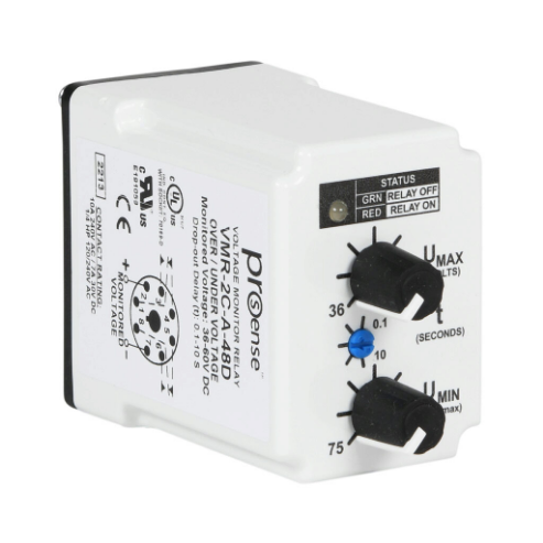 Voltage Monitor Relay, 1-Phase, Socket Mount, Finger-Safe, 36-60 VDC Input Voltage, DPDT