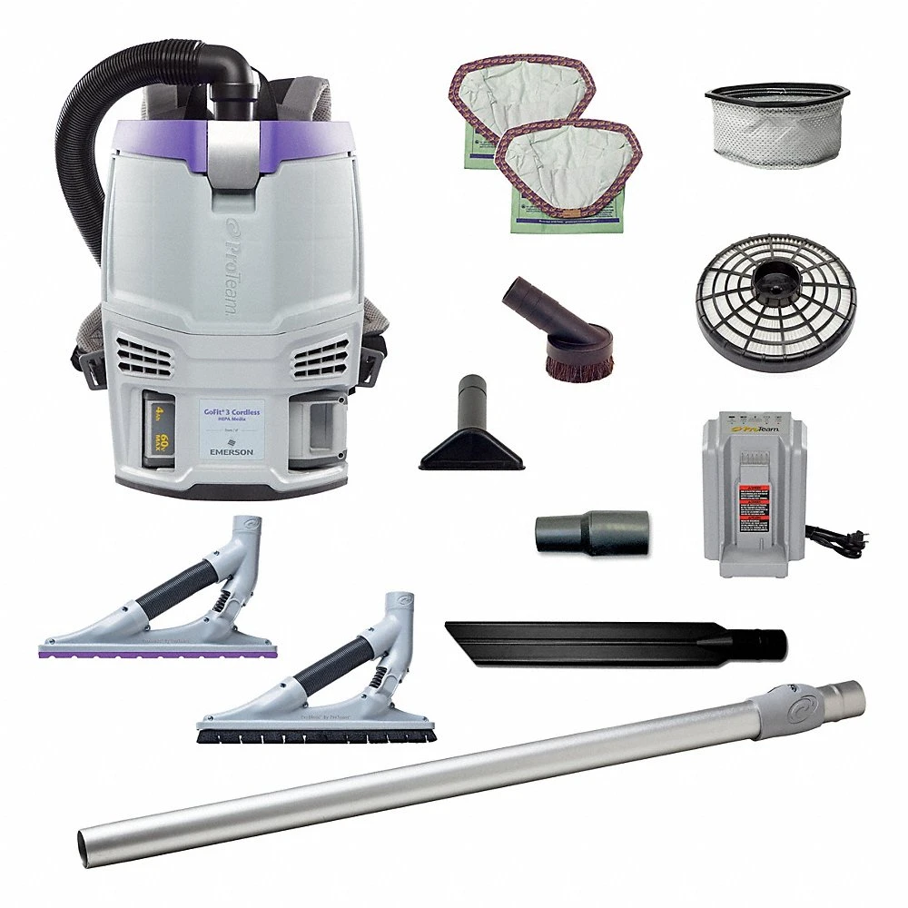 Cordless Backpack Vacuum, 65 cfm Vacuum Air Flow, 12.8 lb Weight, 63 dBA Sound Level, HEPA