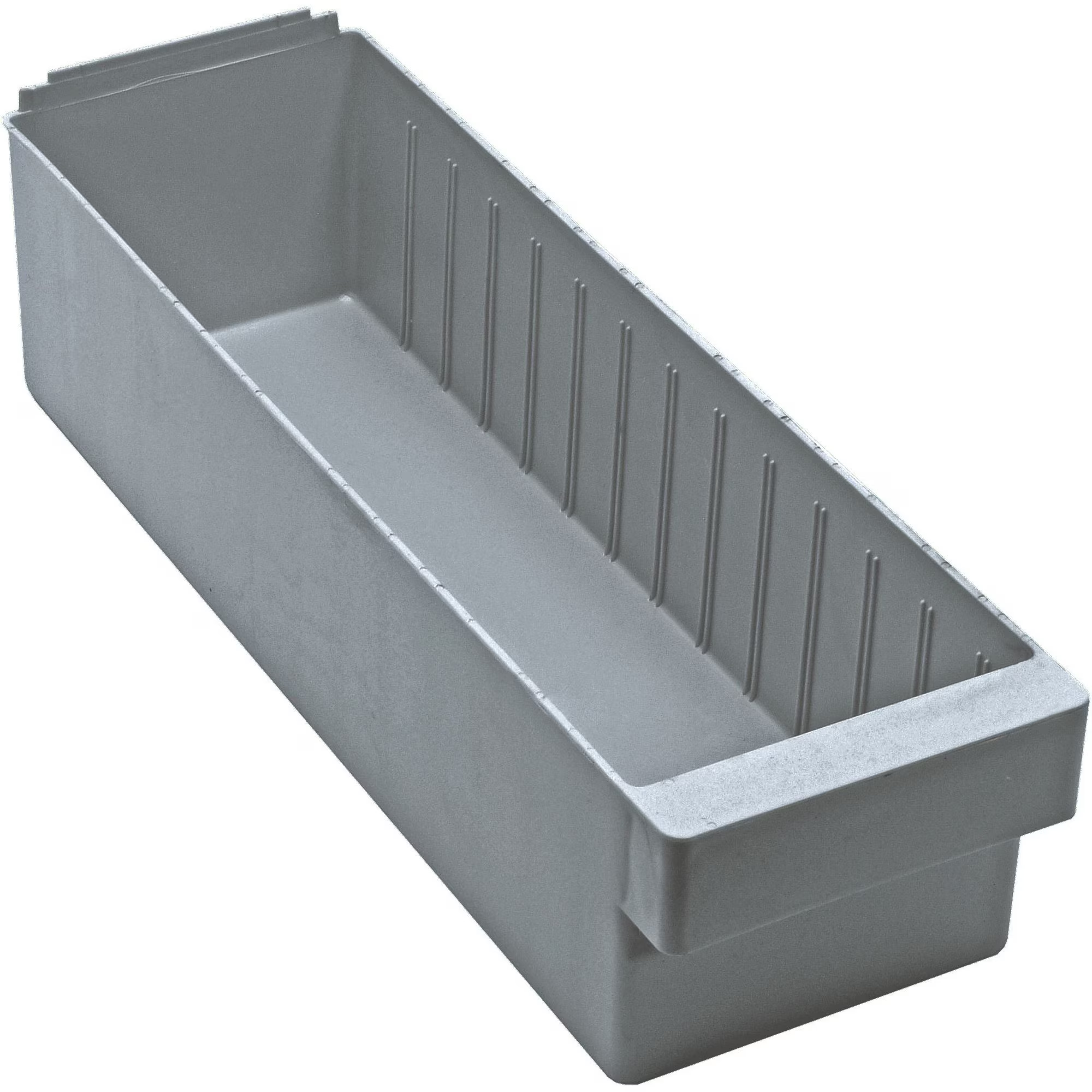 25 lb Shelf Storage Bin, High Impact Polystyrene, 5-9/16 in W, 4-5/8 in H, Gray, 17-5/8 in L