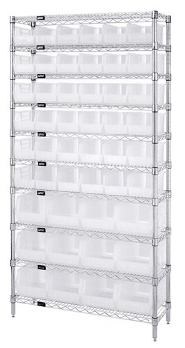 QUANTUM STORAGE SYSTEMS WR10-230240CL Wire Shelving, 14 x 36 x 74 Inch Size, 10 Shelf Unit, 48 Clear View Ultra Bins | CG9RYU