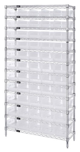 QUANTUM STORAGE SYSTEMS WR12-104CL Wire Shelving, Clear View, 12 Shelf Unit, 18 x 36 x 74 Inch Size, 55 Bins | CG9DHD