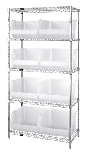 QUANTUM STORAGE SYSTEMS WR5-270CL Wire Shelving, 18 x 36 x 74 Inch Size, 5 Shelf, 8 Clear View Ultra Bins | CG9RYV