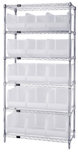 QUANTUM STORAGE SYSTEMS WR6-260CL Wire Shelving, 18 x 36 x 74 Inch Size, 6 Shelf, 15 Clear View Ultra Bins | CG9RYW
