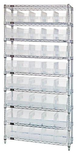 QUANTUM STORAGE SYSTEMS WR9-202CL Wire Shelving, 9 Shelf, 12 x 36 x 74 Inch Size, 40 Clear View Bins | CG9RVV