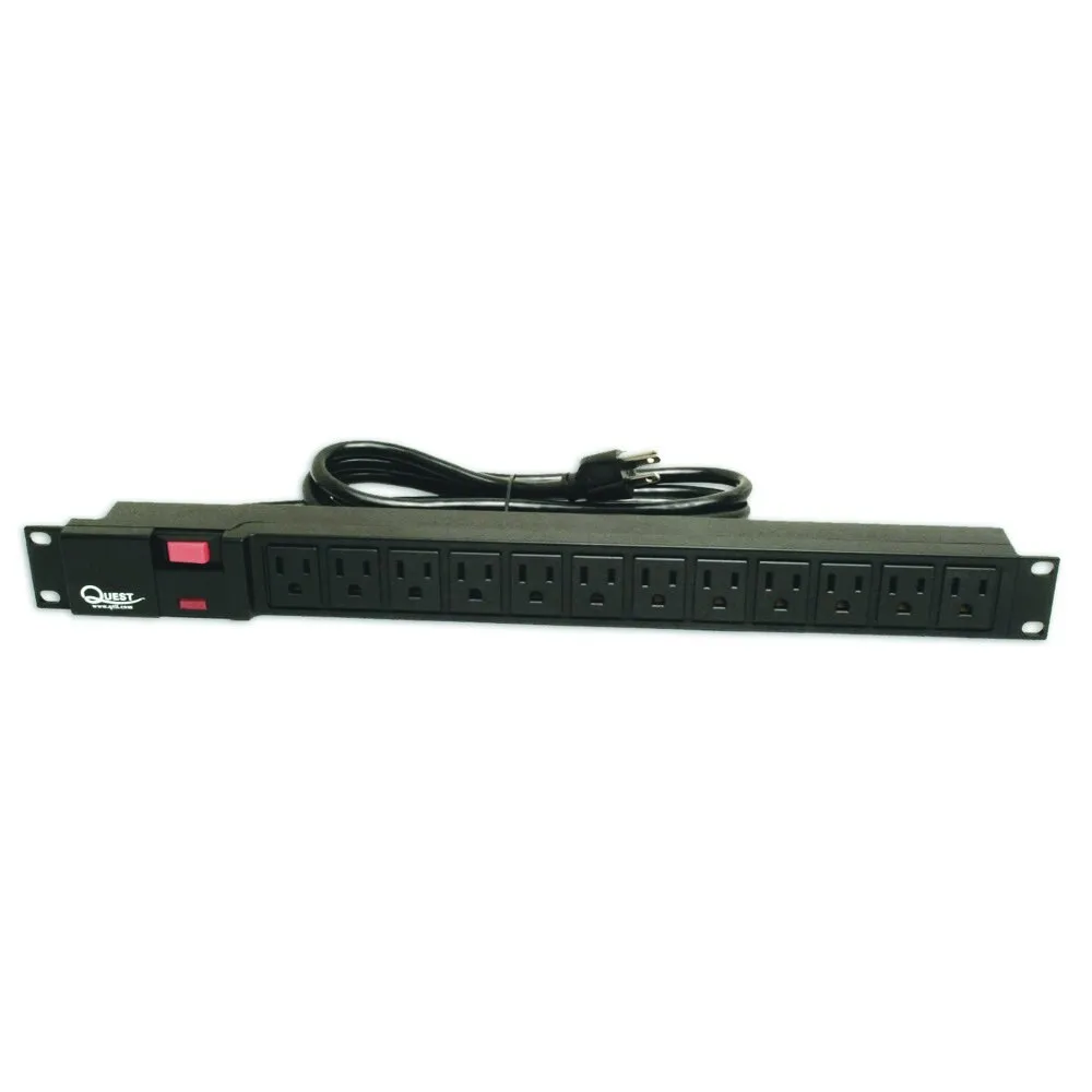 Horizontal Rack Mount Surge Strip, 12 Outlets, 120V/15A, 1U, 19 Inch Size, Black