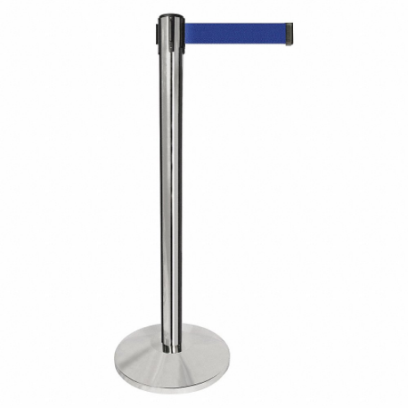 QUEUEWAY QPLUS-1P-L5 Barrier Post With Belt, Metal, Polished Chrome, 40 Inch Post Height, 2 1/2 Inch Post Dia | CT8KNP 52NR34