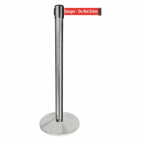 QUEUEWAY QPLUS-1P-RI Barrier Post With Belt, Metal, Polished Chrome, 40 Inch Post Height, 2 1/2 Inch Post Dia | CT8KNU 52NR45