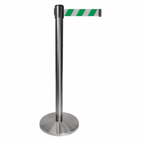QUEUEWAY QPLUS-1S-D2 Barrier Post With Belt, Metal, Satin Chrome, 40 Inch Post Height, 2 1/2 Inch Post Dia | CT8KQE 52NR64