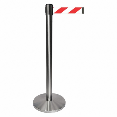 QUEUEWAY QPLUS-1S-D3 Barrier Post With Belt, Metal, Satin Chrome, 40 Inch Post Height, 2 1/2 Inch Post Dia | CT8KRD 52NR65