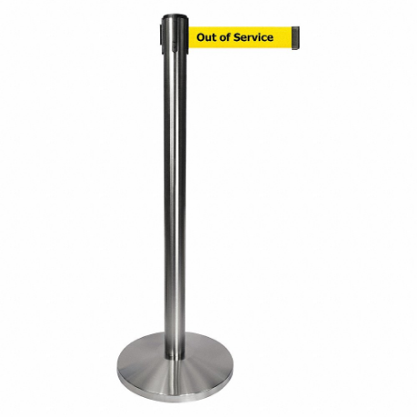 QUEUEWAY QPLUS-1S-YE Barrier Post With Belt, Metal, Satin Chrome, 40 Inch Post Height, 2 1/2 Inch Post Dia | CT8KPD 52NR97