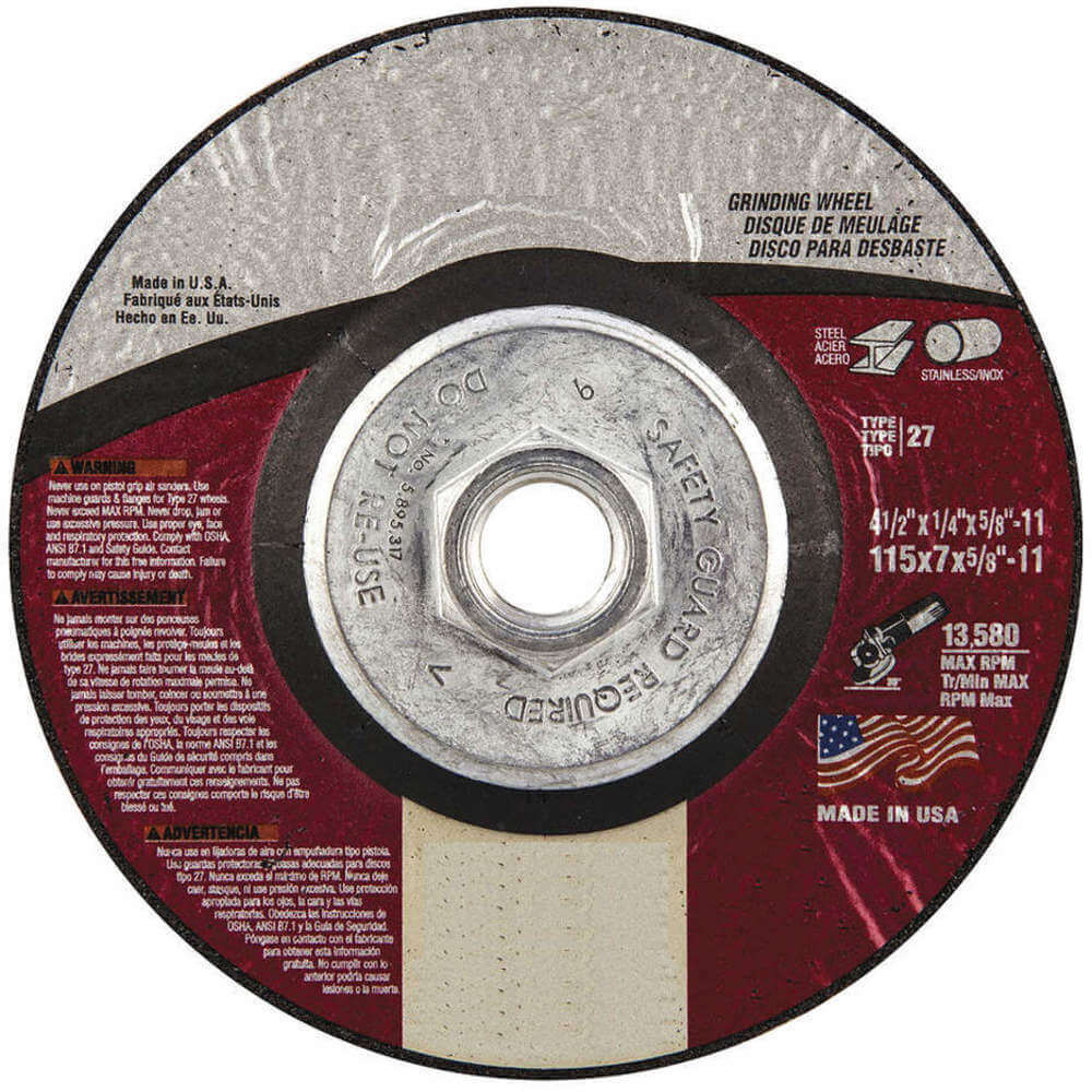 GRAINGER 05539502873 Depressed Center Wheel, Aluminium Oxide, Type 27, 5/8"-11 Arbor | AX3MUY 447R36