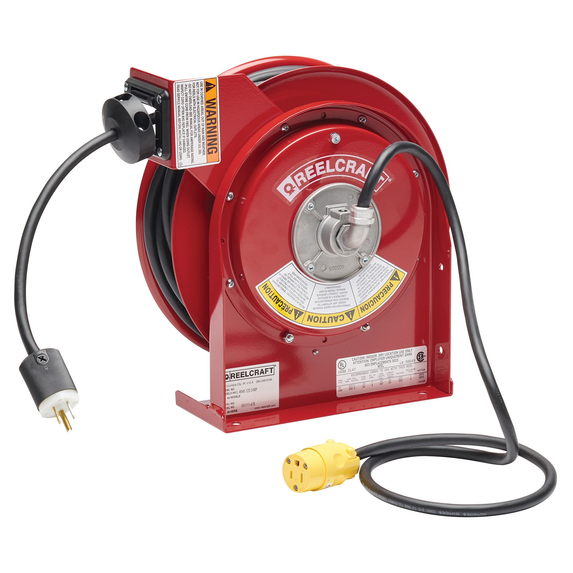 Power Cord Reel, Single Receptacle, 16 AWG, 3 Conductors, 50 ft. Length