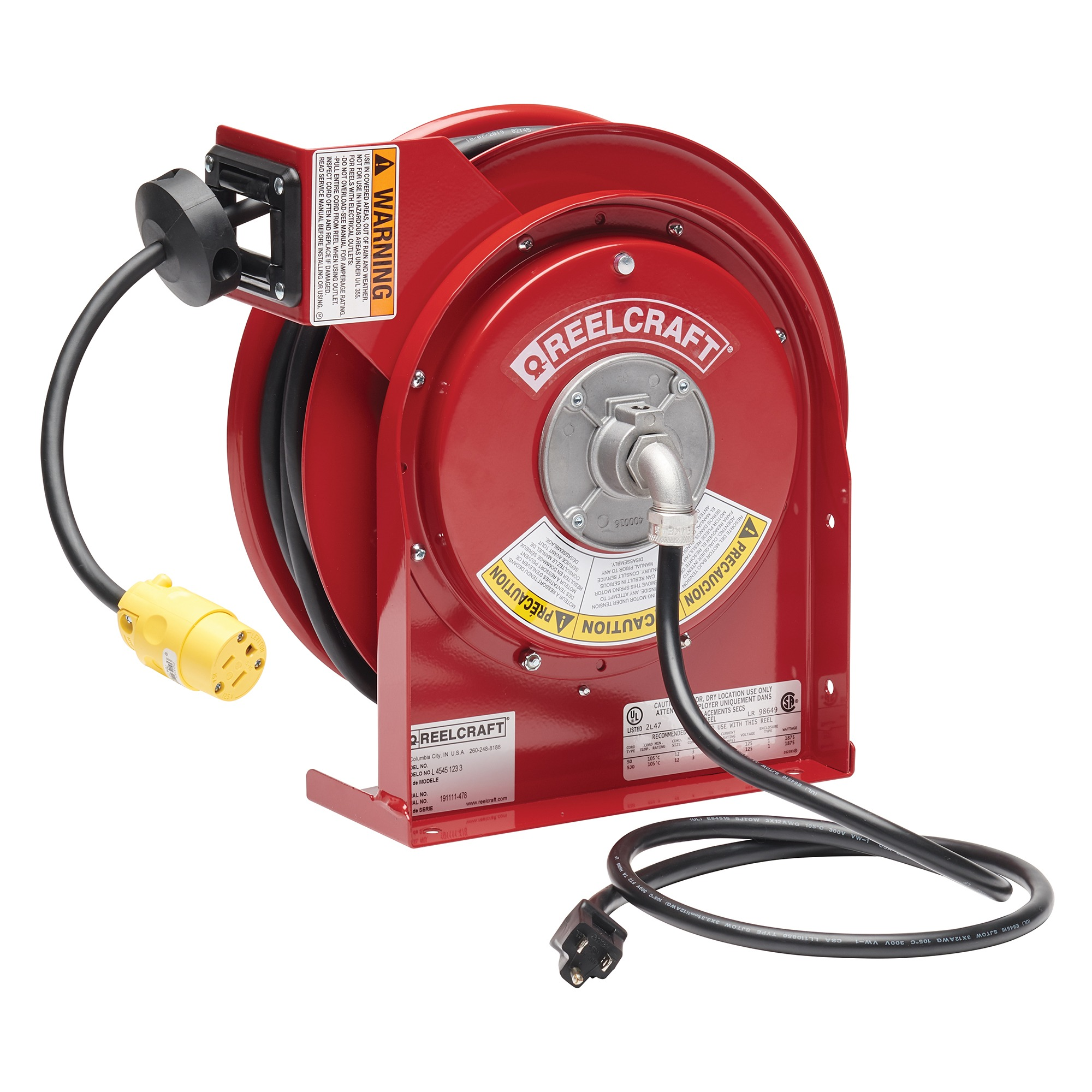 Power Cord Reel, Single Receptacle, Wire Size 12 Awg, Cable Length 45 Feet, 15A
