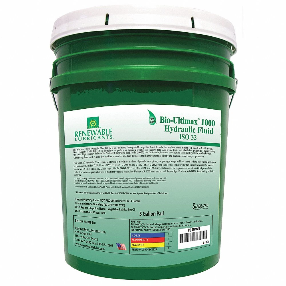 RENEWABLE LUBRICANTS 81004 Hydraulic Oil, Vegetable Oil, 5 Gallon Pail, Viscosity Grade 32 | CD3ZUQ 2NMV9