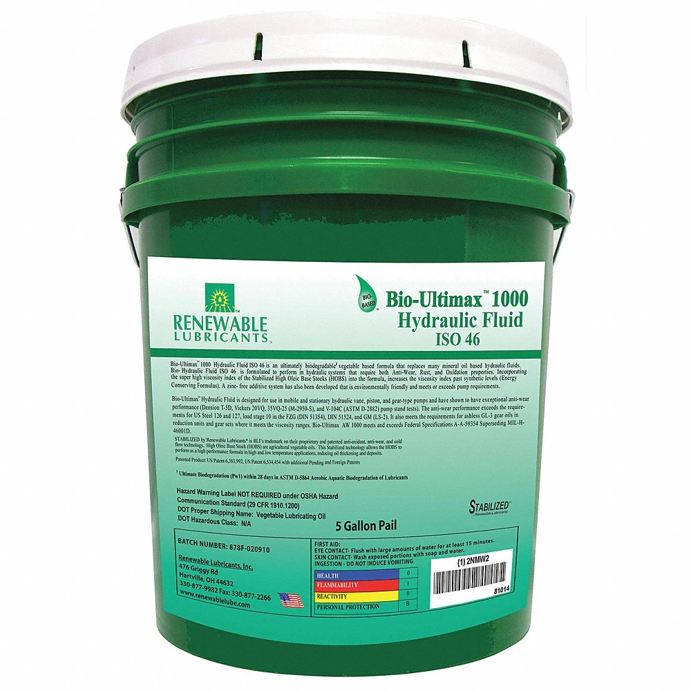 RENEWABLE LUBRICANTS 81014 Hydraulic Oil, Vegetable Oil, 5 Gallon Pail, Viscosity Grade 46 | CD3ZUU 2NMW2