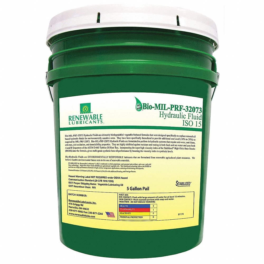 RENEWABLE LUBRICANTS 81144 Hydraulic Oil, Vegetable Oil, 5 Gallon Pail, Viscosity Grade 15 | CD3ZWB 21A475