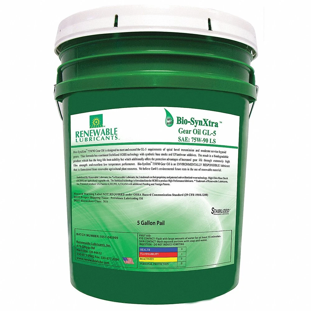 RENEWABLE LUBRICANTS 82124 Bio Synxtra Ls Gear Oil, Grade 75w90, Gl5, 5 Gallon Capacity | CD4ACX