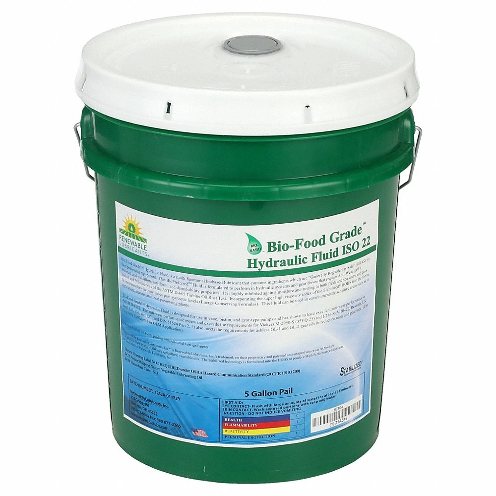 RENEWABLE LUBRICANTS 87104 Hydraulic Oil, Vegetable Oil, 5 Gallon Pail, Viscosity Grade 22, H2 No Food Contact | CD4BME 21A549