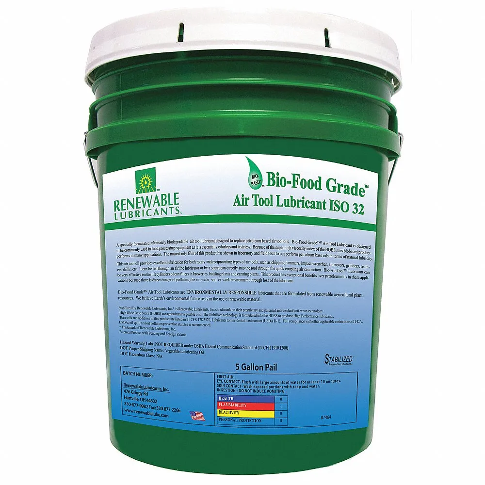 RENEWABLE LUBRICANTS 87464 Bio Food Grade, Air Tool Lubricant, Grade 32, Pail 5 Gallon Capacity | CD4BRU